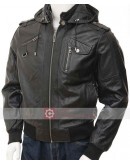 Slim Fit Bomber Leather Jacket With Hood
