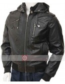 Slim Fit Bomber Leather Jacket With Hood