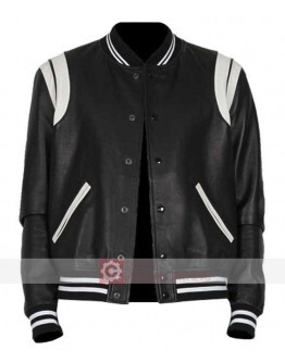 Black And White Letterman Bomber Leather Jacket
