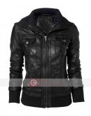 Slim Fit Double Collar Bomber Leather Jacket