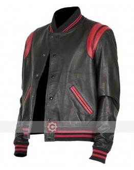 Black And Red Letterman Bomber Leather Jacket