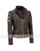 Women Rivet Star Brown Leather Jacket