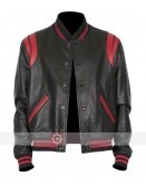 Black And Red Letterman Bomber Leather Jacket
