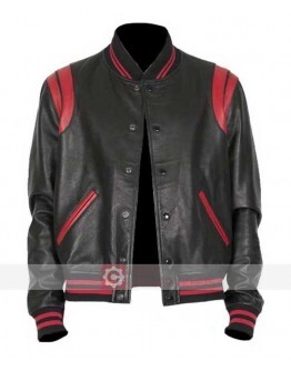 Black And Red Letterman Bomber Leather Jacket