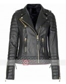 Women Slim Fit Lambskin Golden Zipper Quilted Leather Jacket