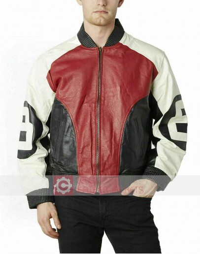 8 Ball Red & White Bomber Leather Jacket