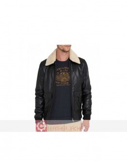 Black Men's Leather Bomber Jacket with Fur Collar