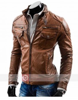 Men's Casual Slim Fit Camel Brown Leather Jacket