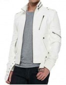 FJM059 Men's Belted White Leather Motorcycle Jacket