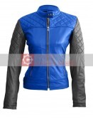 Leather Skin Women Blue With Black Sleeves Quilted Jacket