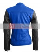 Leather Skin Women Blue With Black Sleeves Quilted Jacket