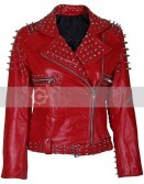 Women Red Cone And Tree Spike Studs Jacket
