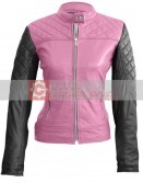 Women's Leather Skin Pink With Black Sleeves Quilted Jacket