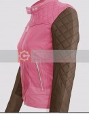 Women's Leather Skin Pink With Black Sleeves Quilted Jacket