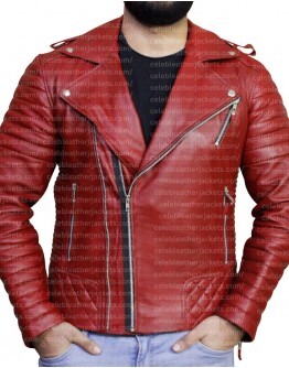 Red Quilted Biker Leather Jacket