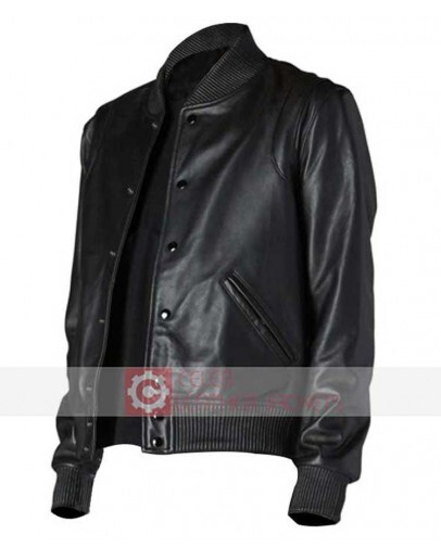 Black Letterman Bomber Leather Jacket