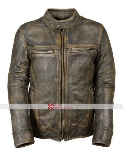 Distressed Wax Men's Biker Vintage Style Cafe Racer Leather Jacket