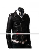 Slim Fit Belted Rider Black Leather Jacket