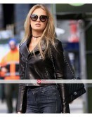 Romee Strijd Black Biker Leather Jacket