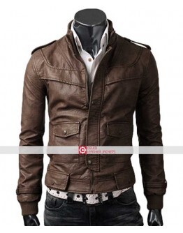 Slim Fit Rocker Light Brown Bomber Leather Jacket