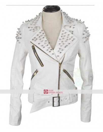 Women Studded Spike White Biker Leather Jacket